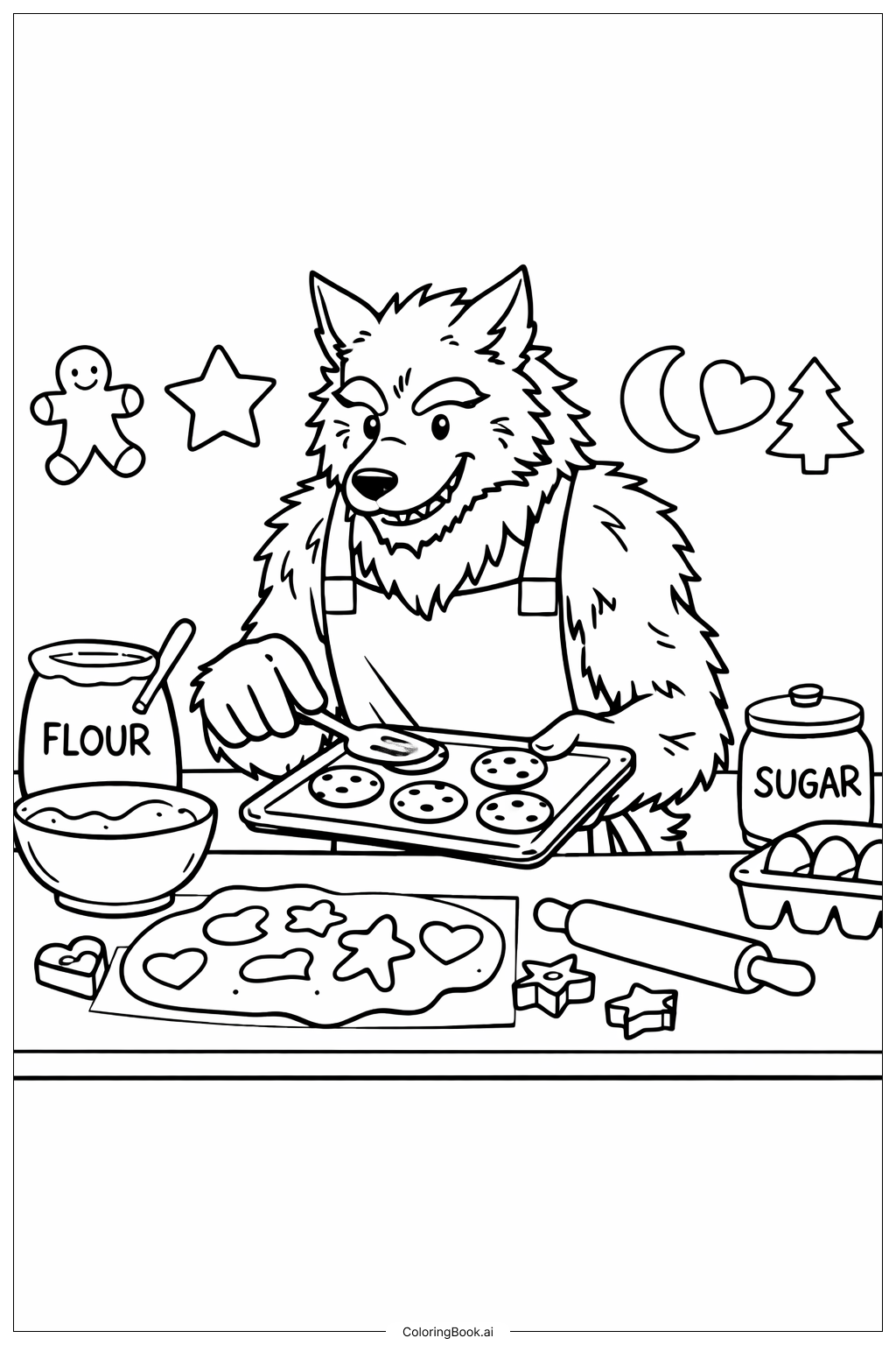 Page de coloriage Loup-garou en train de faire des biscuits