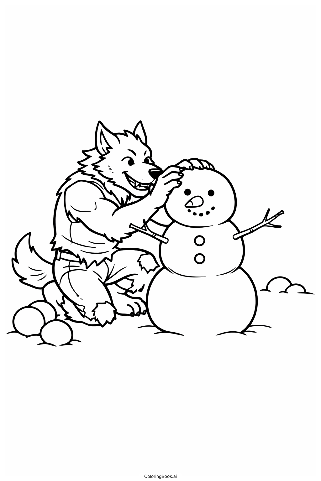 Page de coloriage Loup-garou construisant un bonhomme de neige