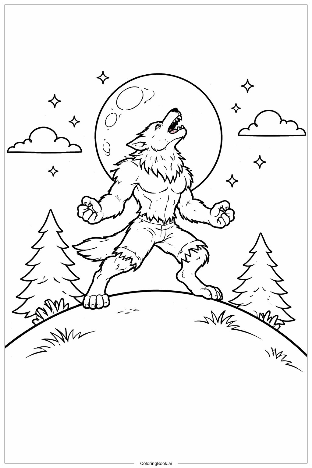  Werewolf On Moonlit Hill Coloring Page 