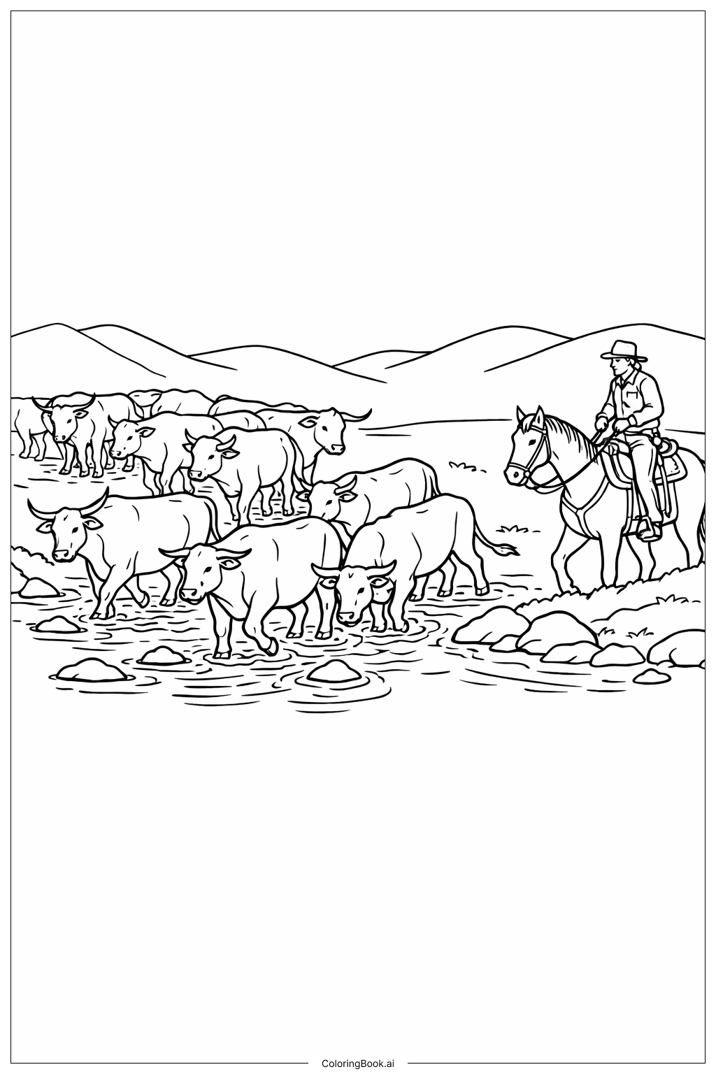  Página para colorear de Cruzando el Rebaño de Ganado Occidental 