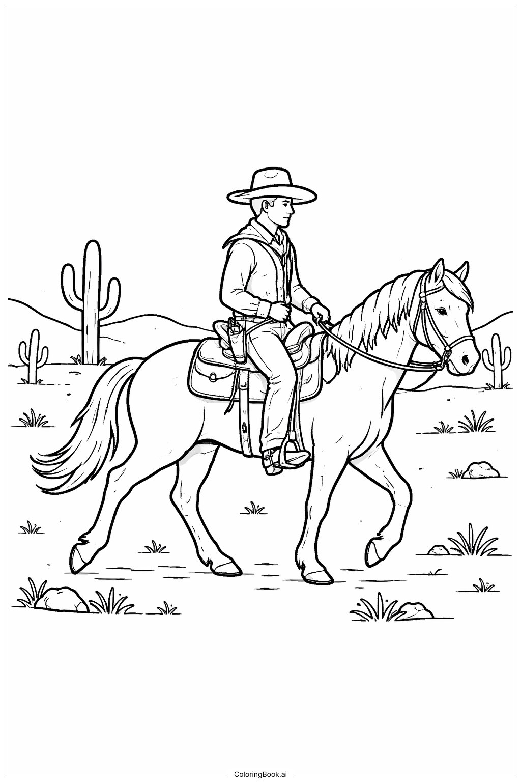 Western Cowboy Riding Horse Coloring Page