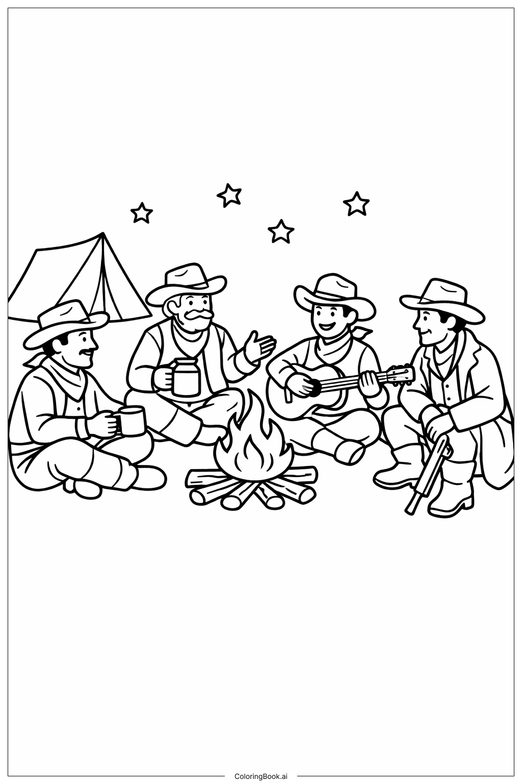 서부 카우보이들 모닥불 주위 색칠공부 페이지