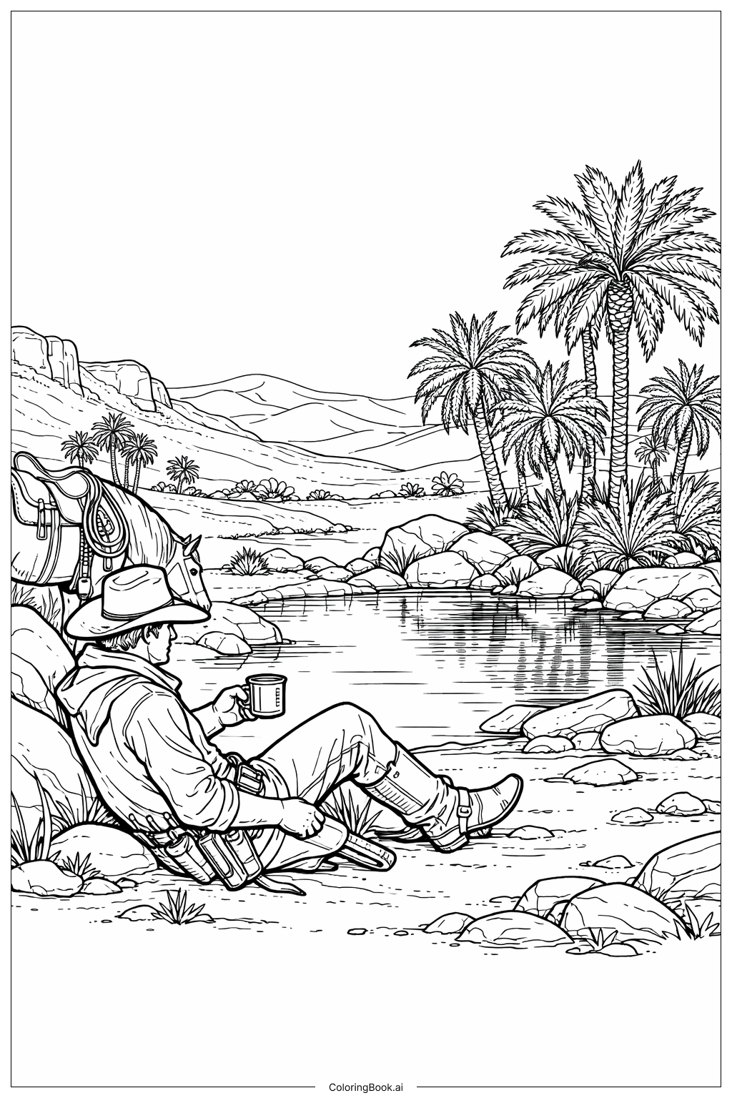  西部沙漠綠洲與棕櫚樹著色頁 