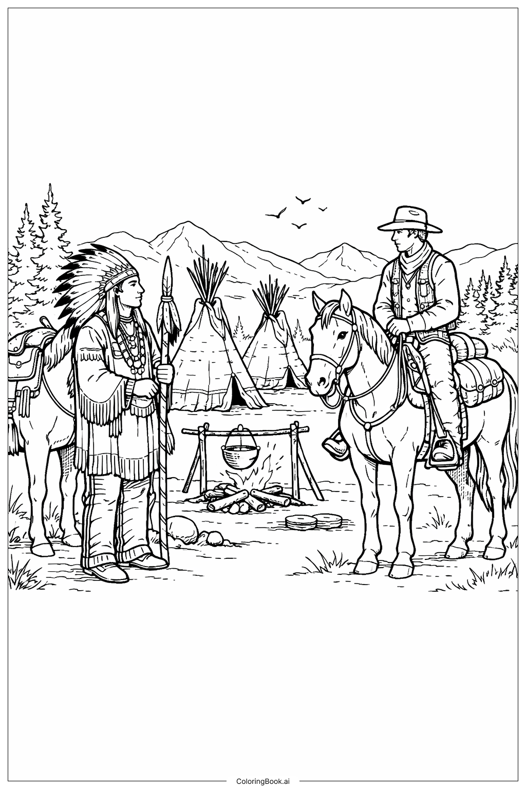  Página para colorear de Nativo y Jinete del Oeste 