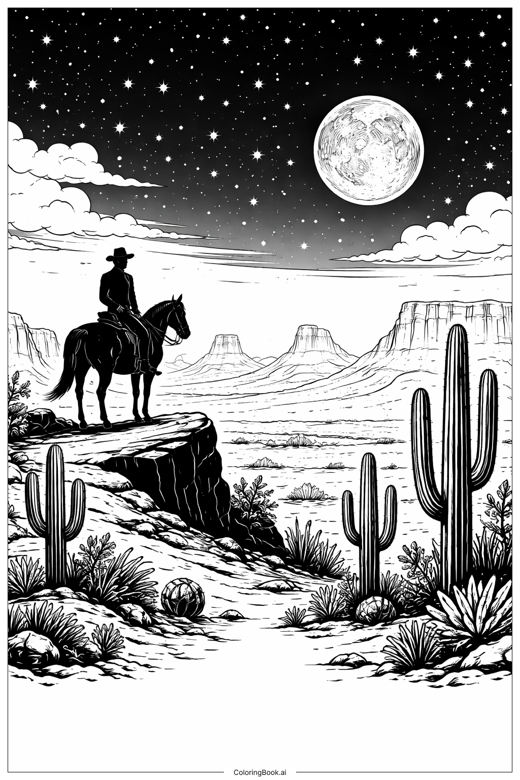 Página para colorear de Cielo Nocturno Occidental con Estrellas y Luna