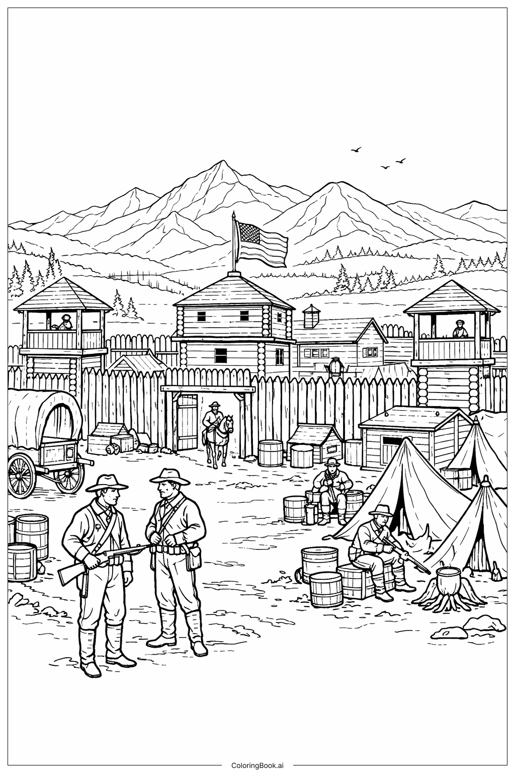  Página para colorear de Antiguo Fuerte del Oeste con Soldados 