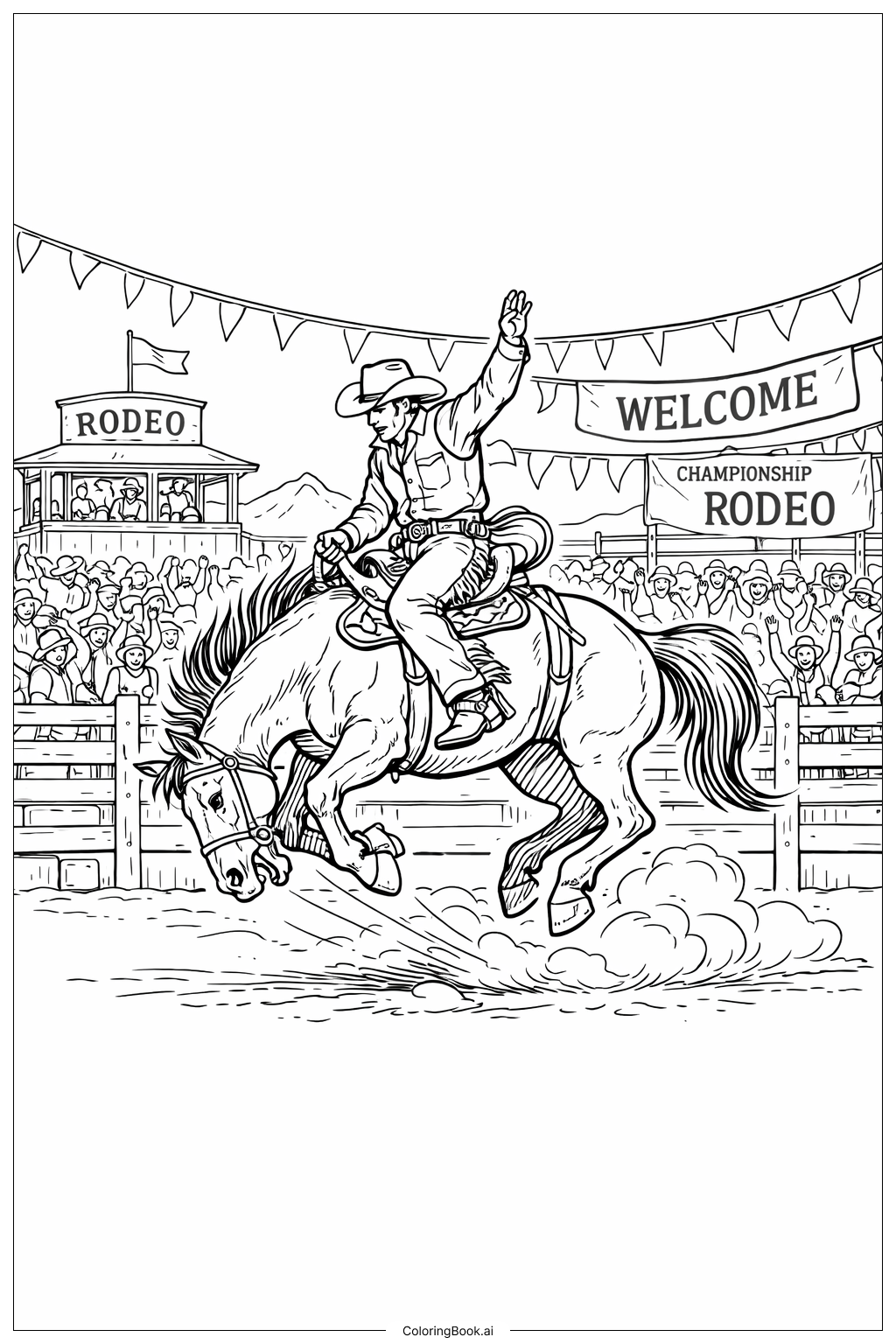  Western Rodeo Arena Action Coloring Page 
