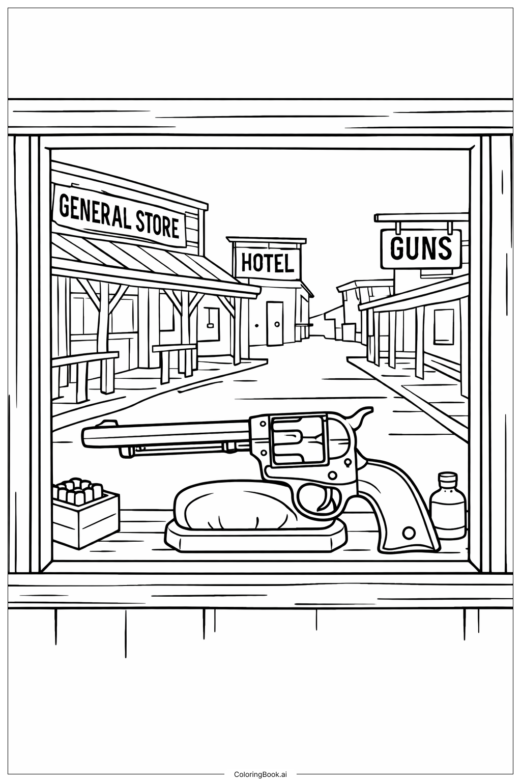  Page de coloriage Pistolet de ville de l'Ouest 