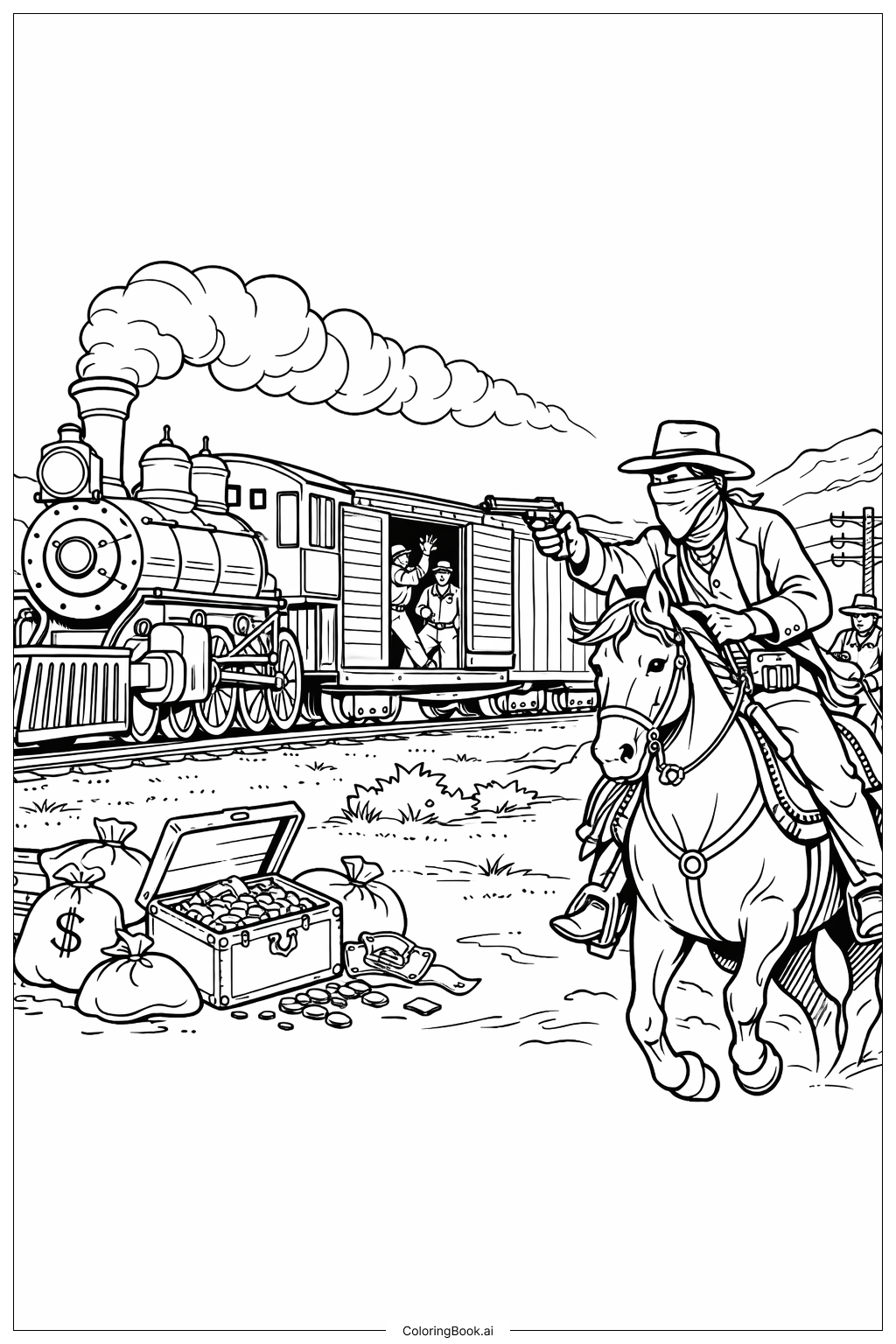  Página para colorear de Escena de robo en tren del Oeste 