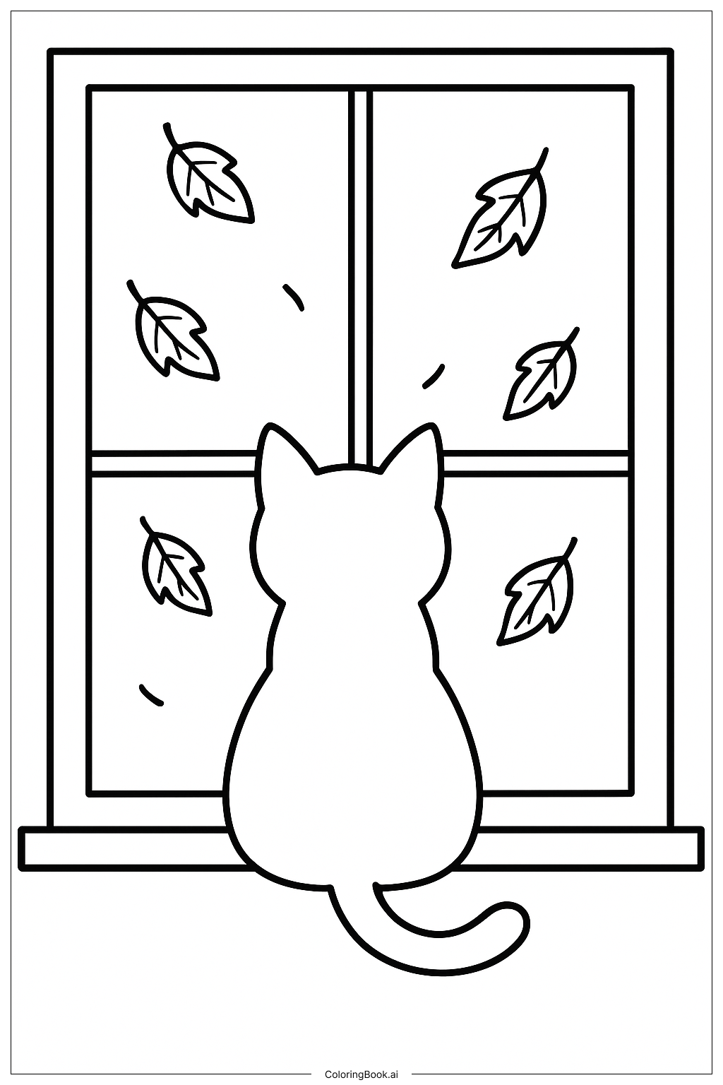 Página para colorir de Gato na Janela com Folhas de Outono