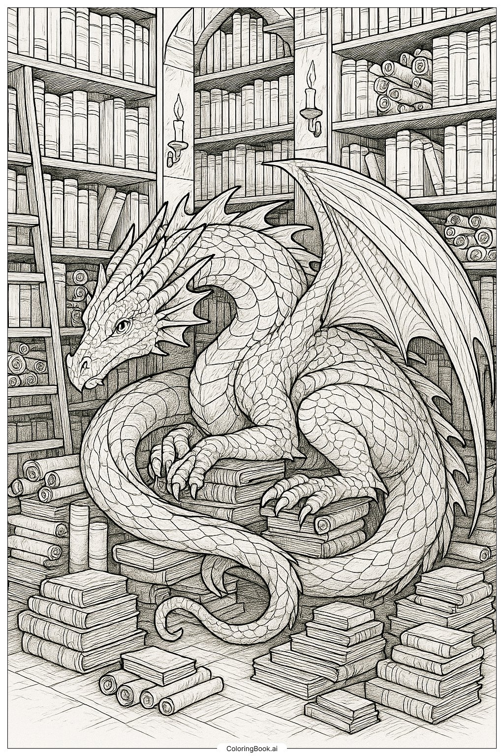 Wings Of Fire Ancient Dragon Library Scene Coloring Page