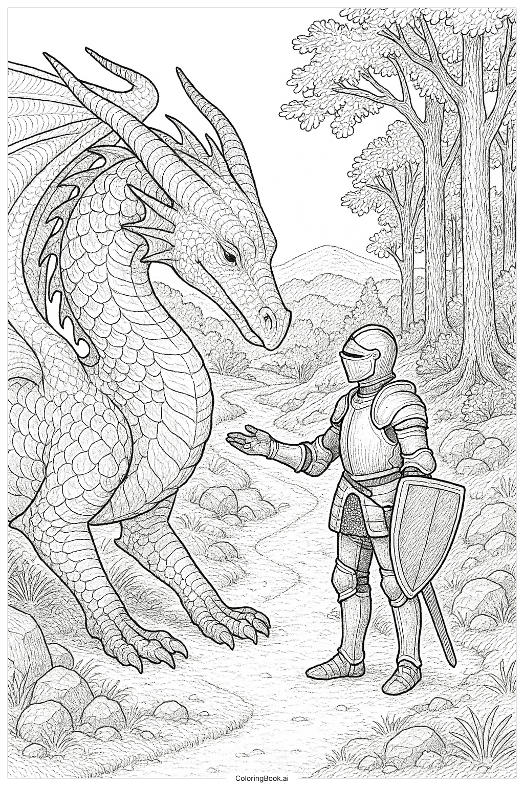 Página para colorir de Encontro do Dragão e do Cavaleiro em Asas de Fogo