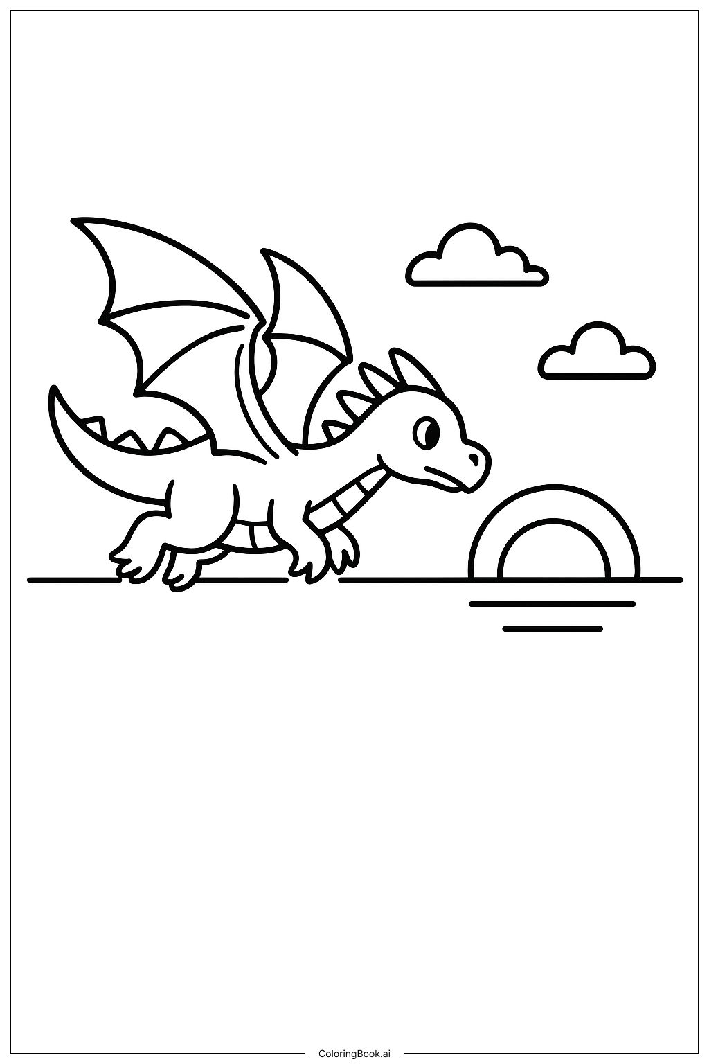  夕焼けの地平線に舞う炎の翼のドラゴンの塗り絵ページ 