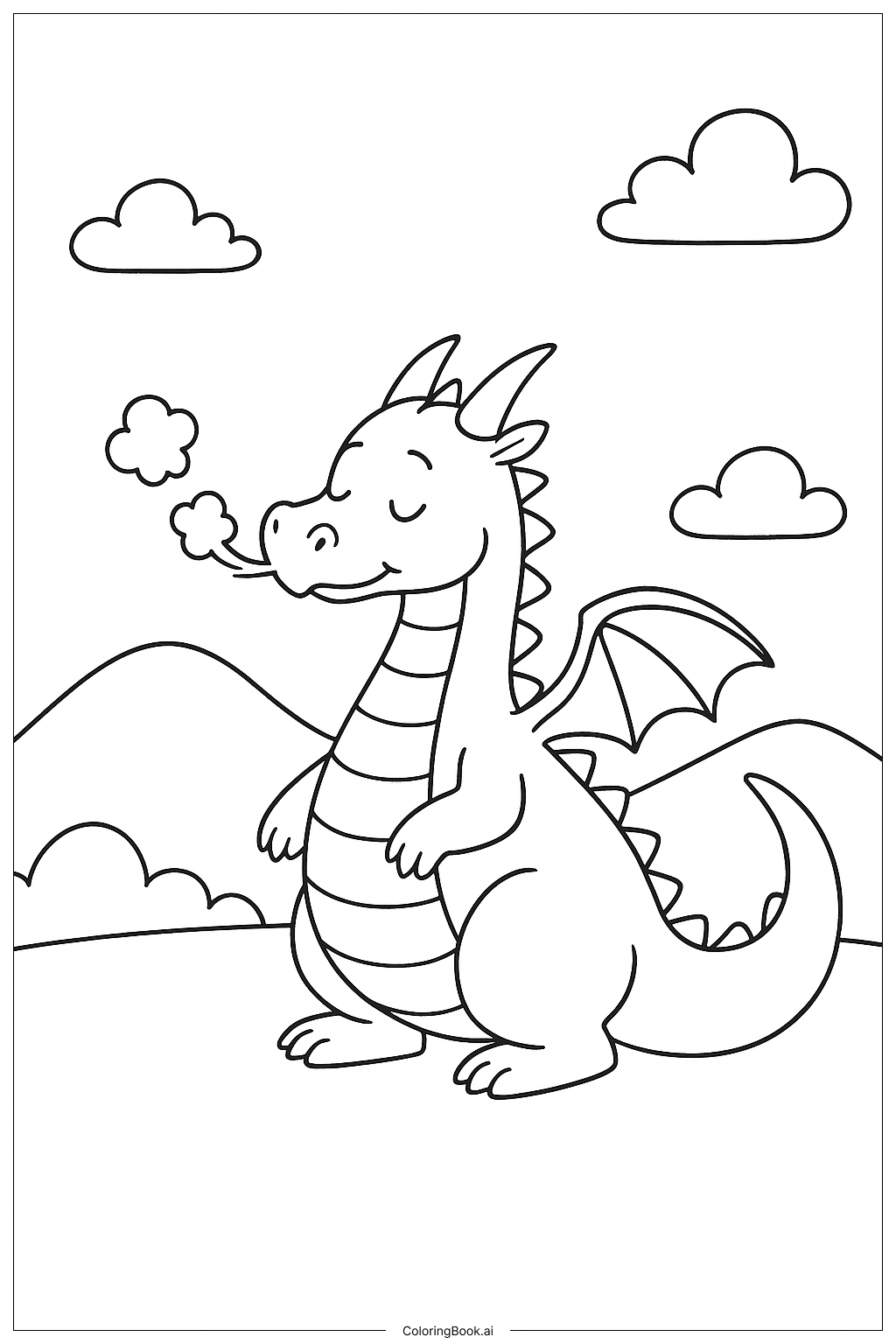  Página para colorear de Alas de fuego: Dragón que exhala humo suave 