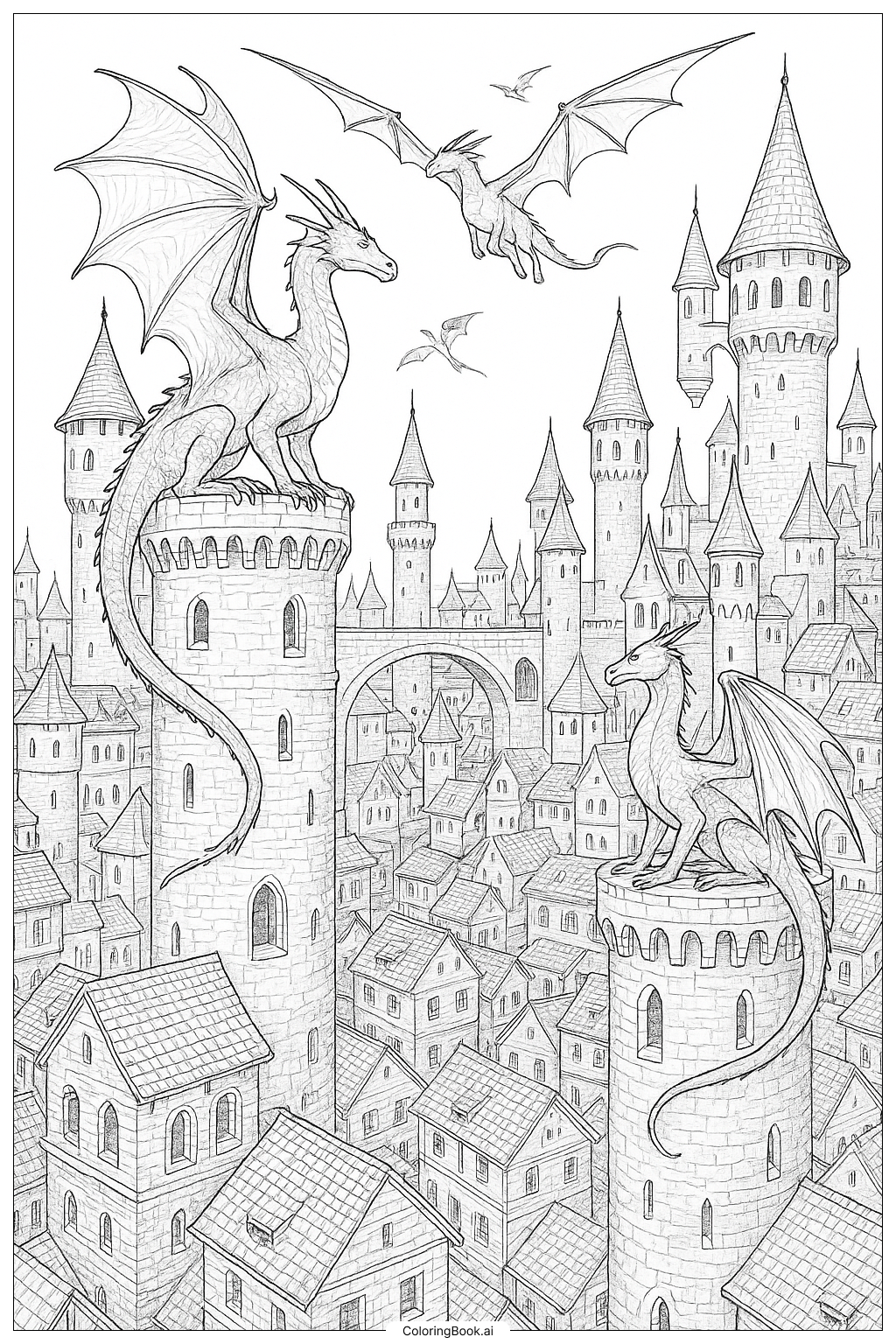  火翼龍之城全景圖著色頁 