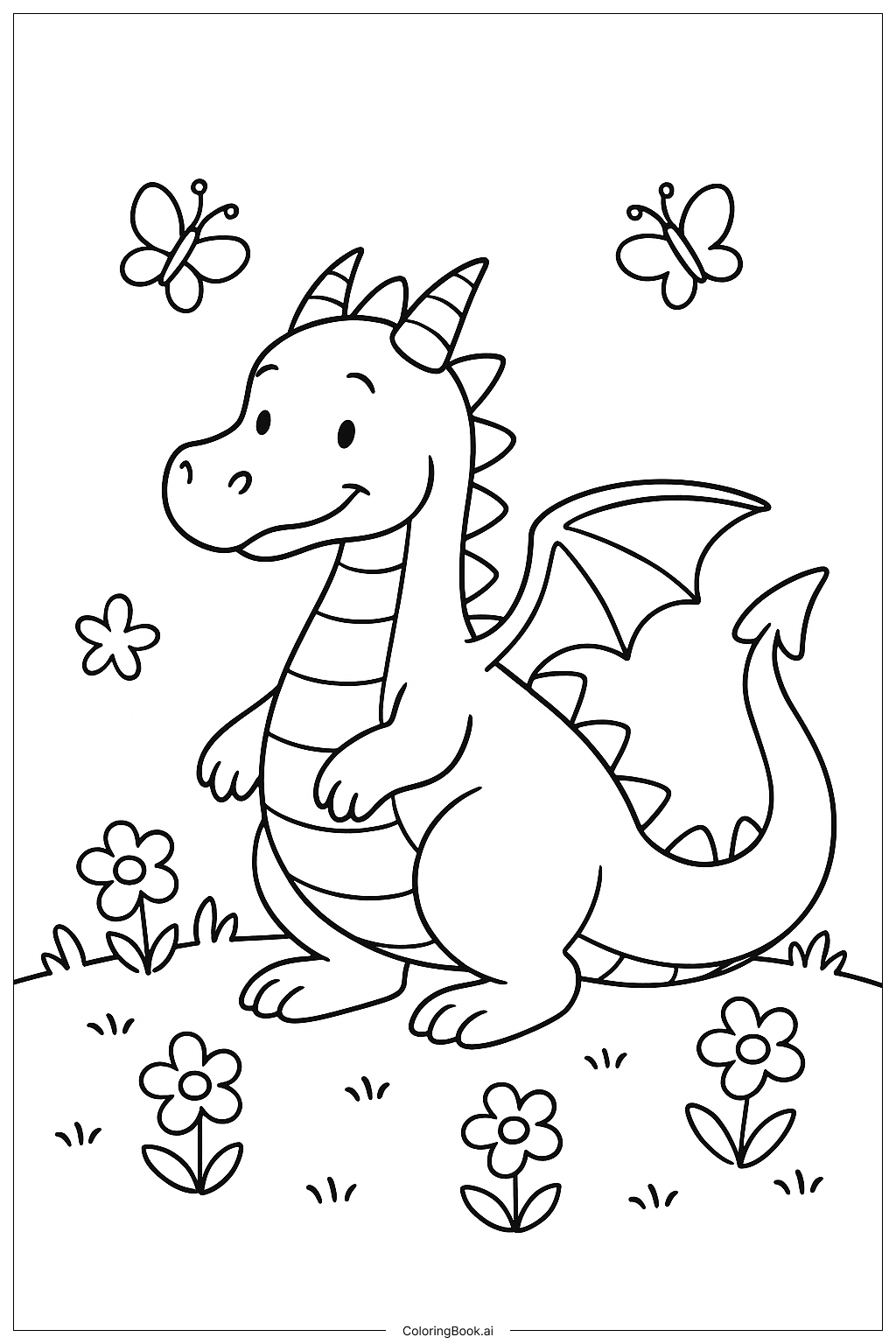 Page de coloriage Ailes de Feu Dragon dans un Champ de Fleurs