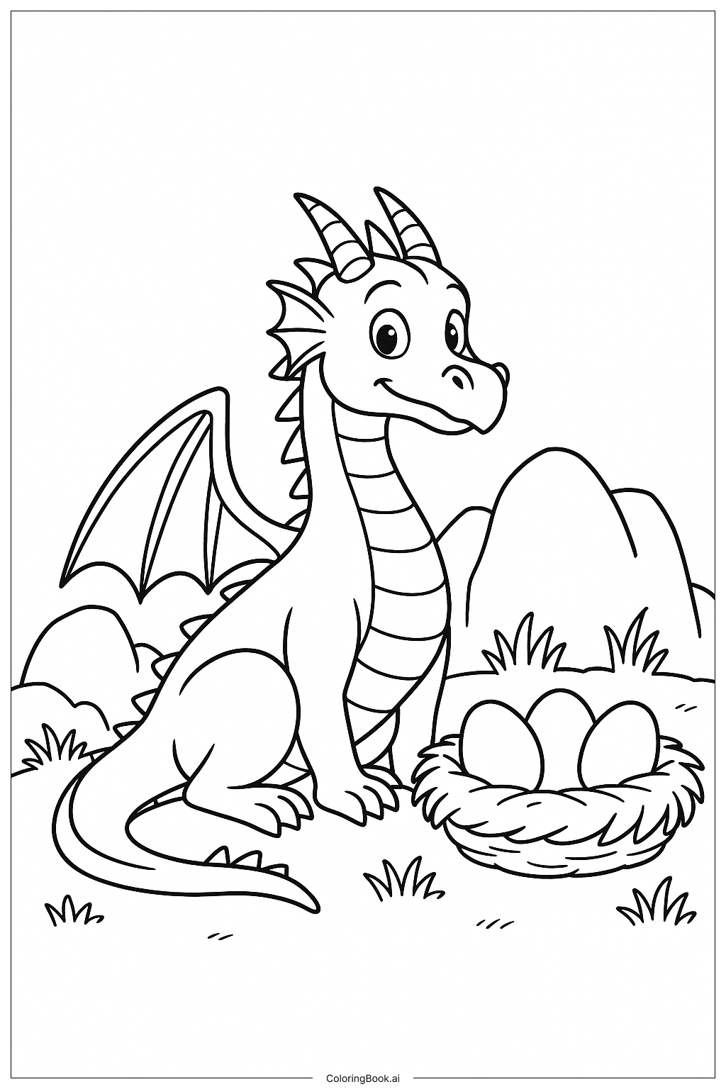  Página para colorear de Nido de Dragón de Alas de Fuego con Huevos 