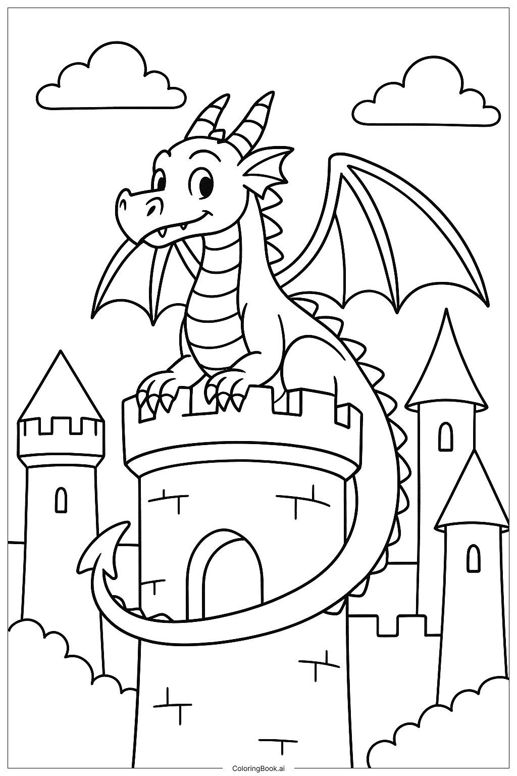 火翼龍停在城堡上著色頁