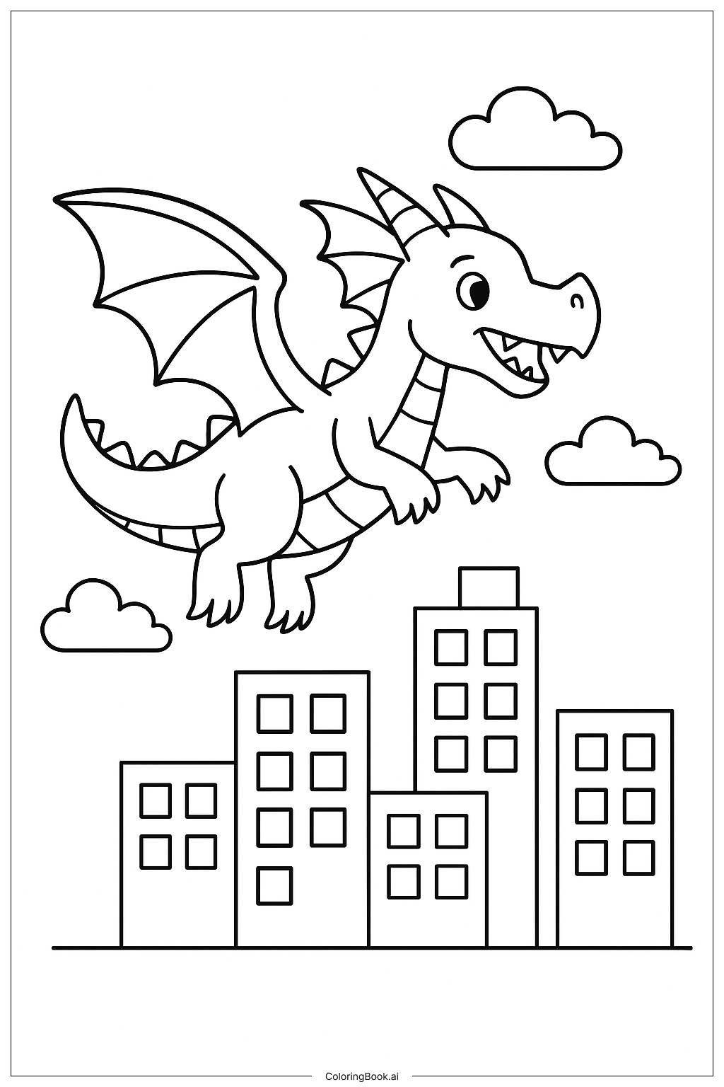  Page de coloriage Dragon Wings of Fire avec paysage urbain simple 