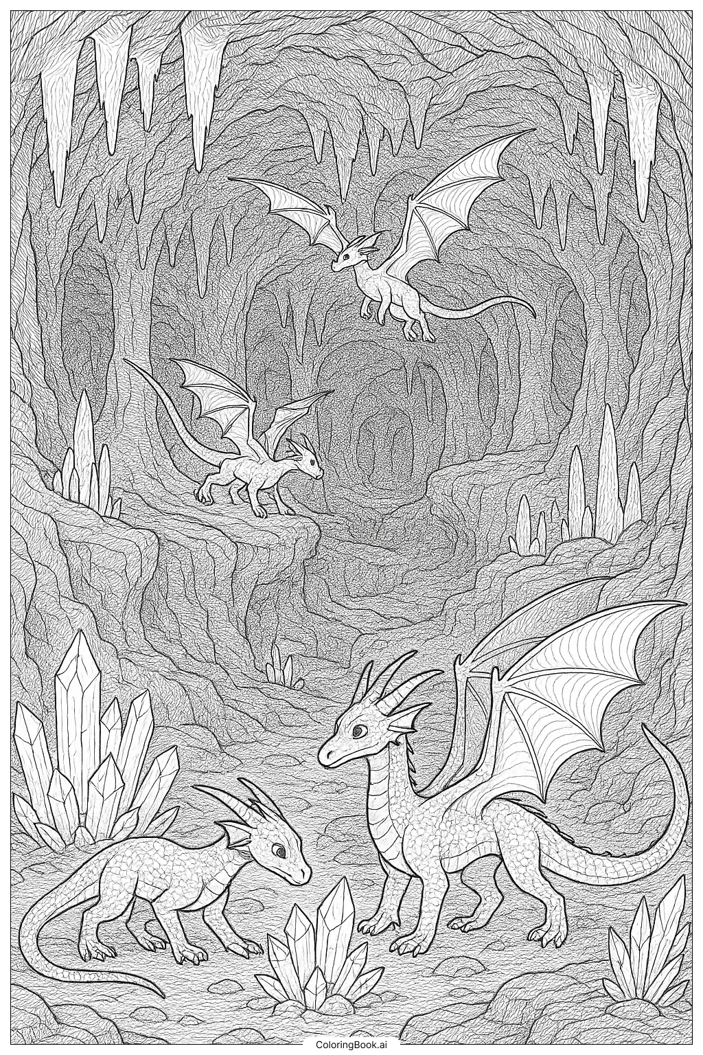  Page de coloriage Ailes de Feu : Grotte Mystique avec Dragons 