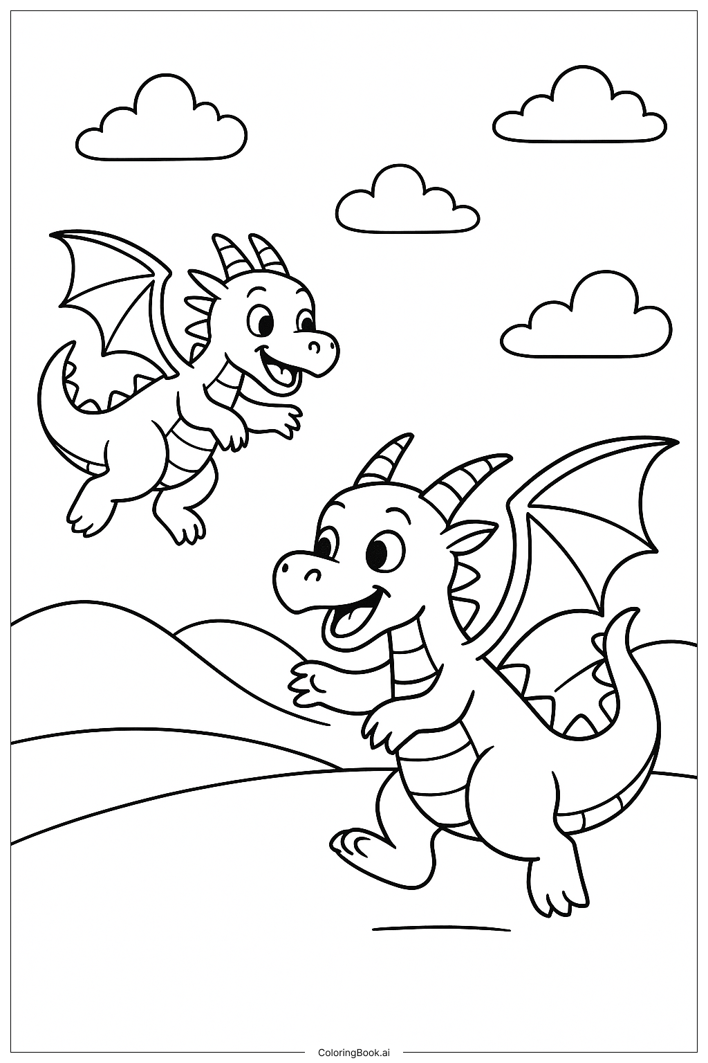  火之翼：两条龙的欢乐追逐填色页 