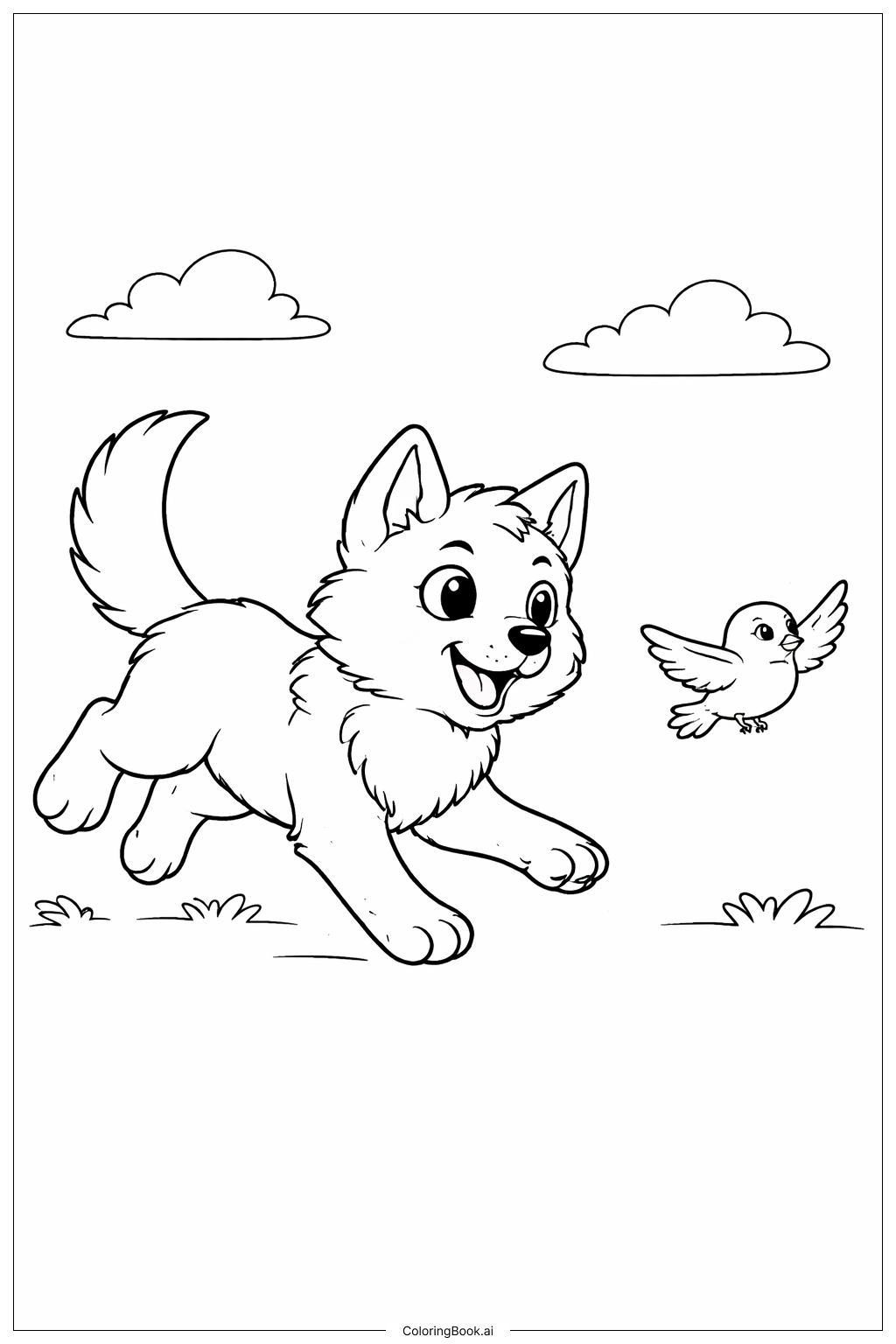  Wolves Pup Chasing Bird Coloring Page 