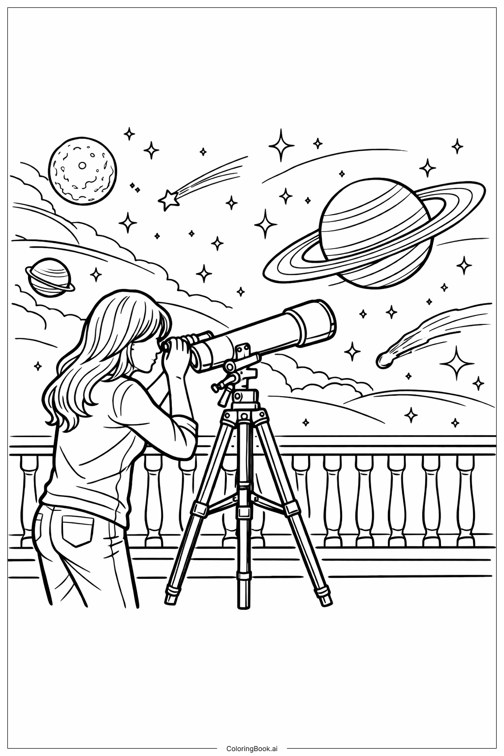  망원경을 든 여성 천문학자 색칠공부 페이지 