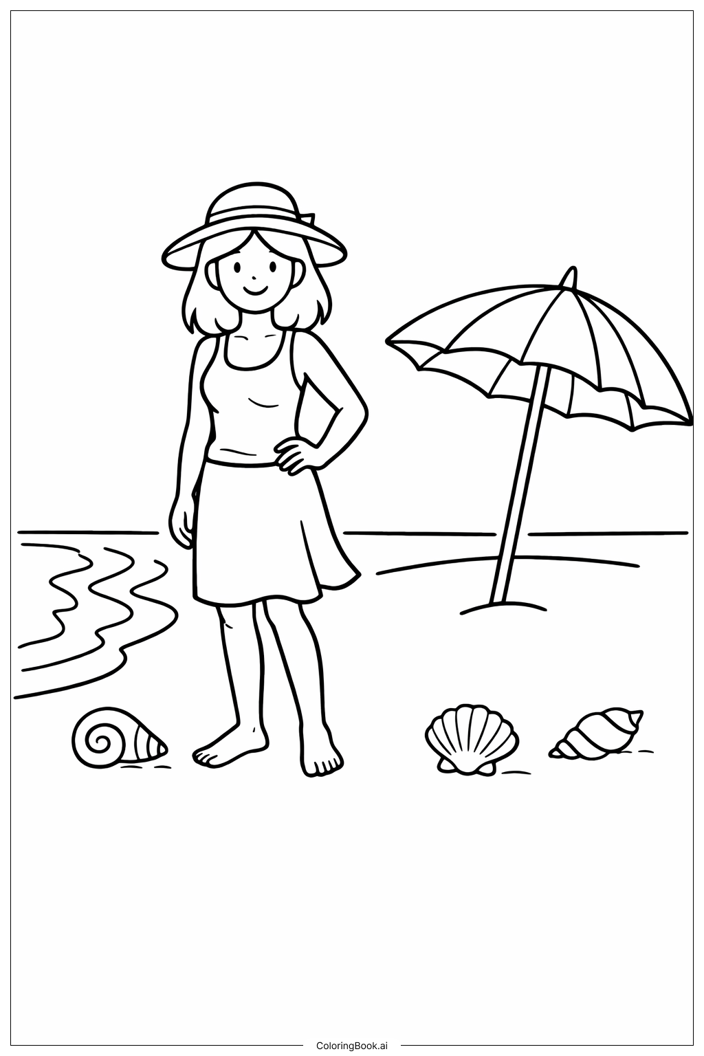  Página para colorear de Mujer en la Playa 