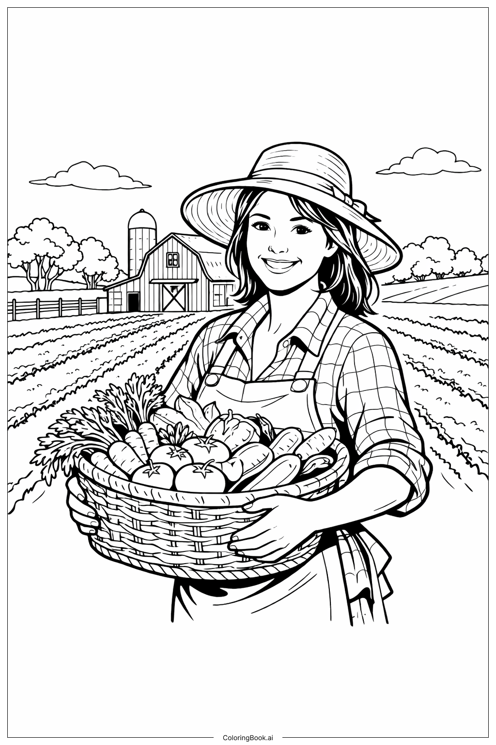  Página para colorir de Mulher Agricultora com Cesto 