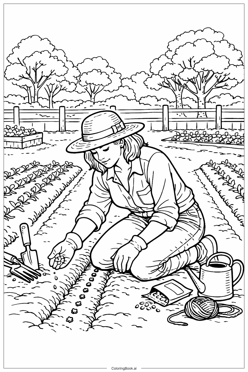  Página para colorir de Mulher Jardineira Plantando Sementes 