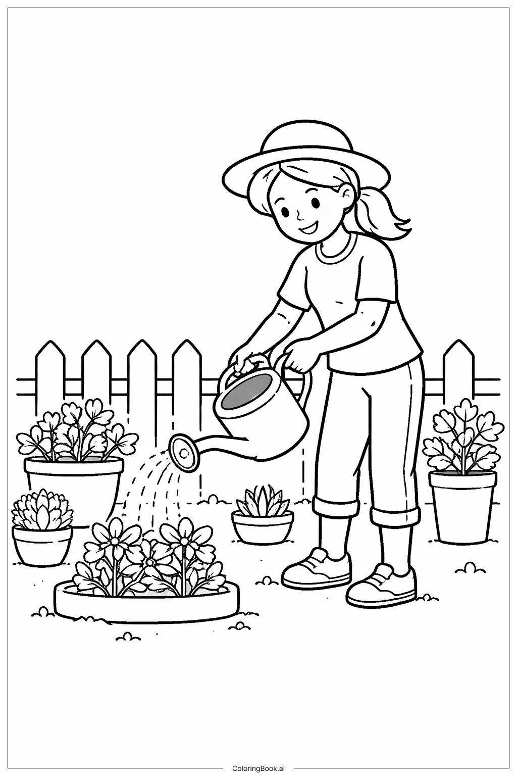  Woman Gardening With Watering Can Coloring Page 