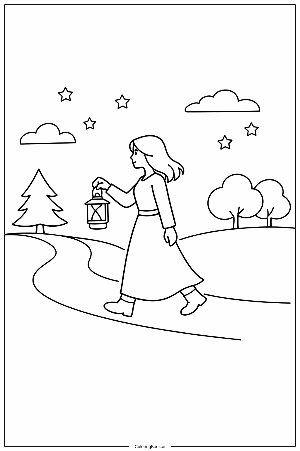  拿著燈籠的女人著色頁 