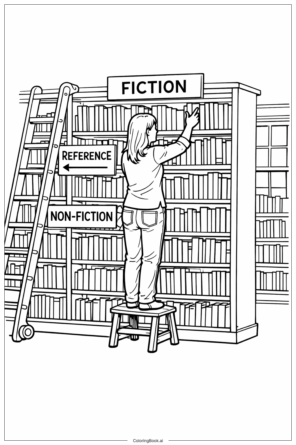  Página para colorir de Mulher Bibliotecária Organizando Livros 