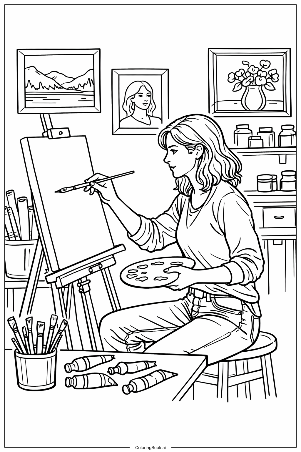 Woman Painter at Easel Coloring Page