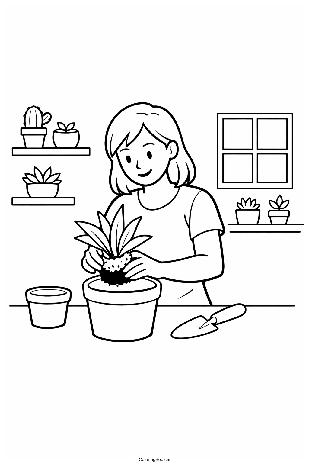  꽃 화분 심는 여자 색칠공부 페이지 