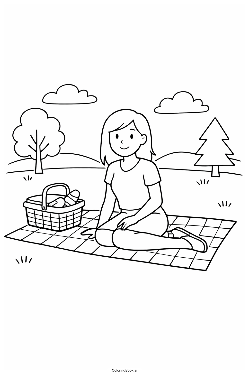  Página para colorear de Mujer con manta de picnic 