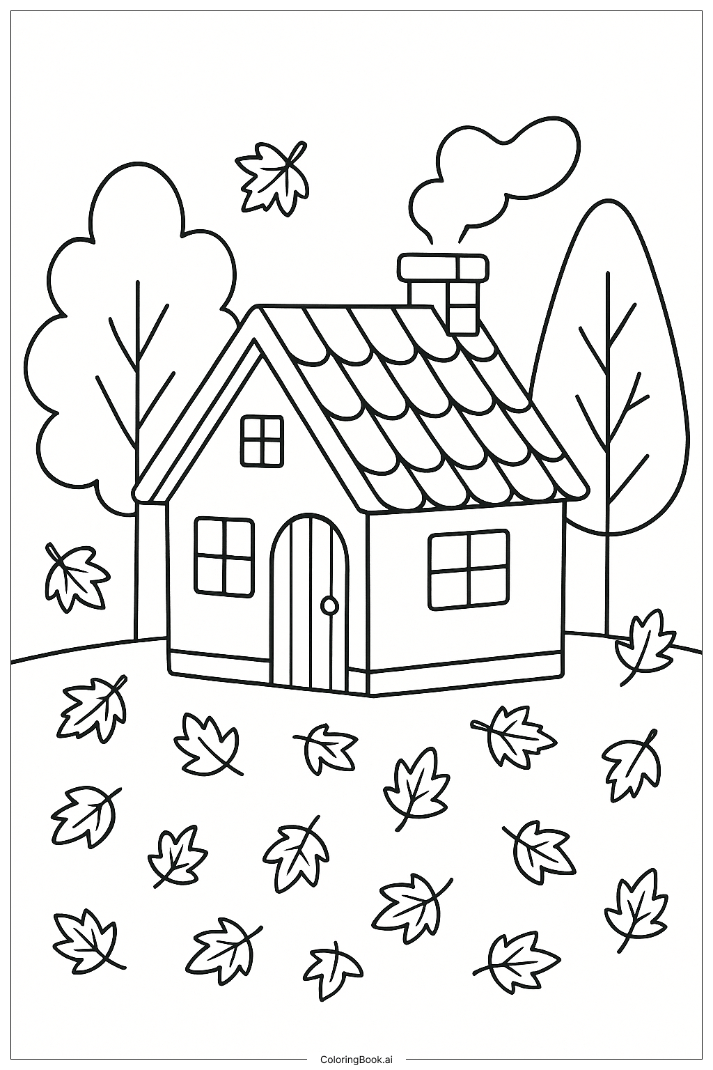 Página para colorir de Cabaninha na Floresta com Folhas de Outono