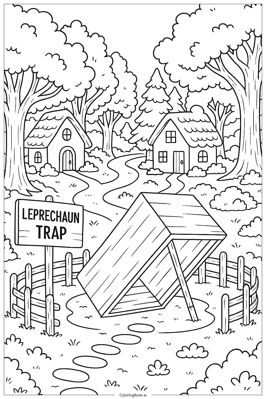  森林村庄小妖精陷阱填色页 