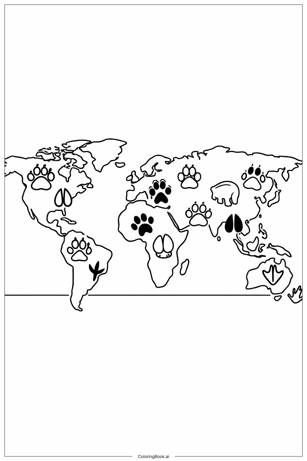  Page de coloriage Carte du monde avec empreintes d'animaux 