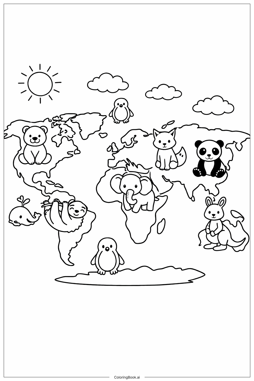동물과 함께하는 세계 지도 색칠공부 페이지