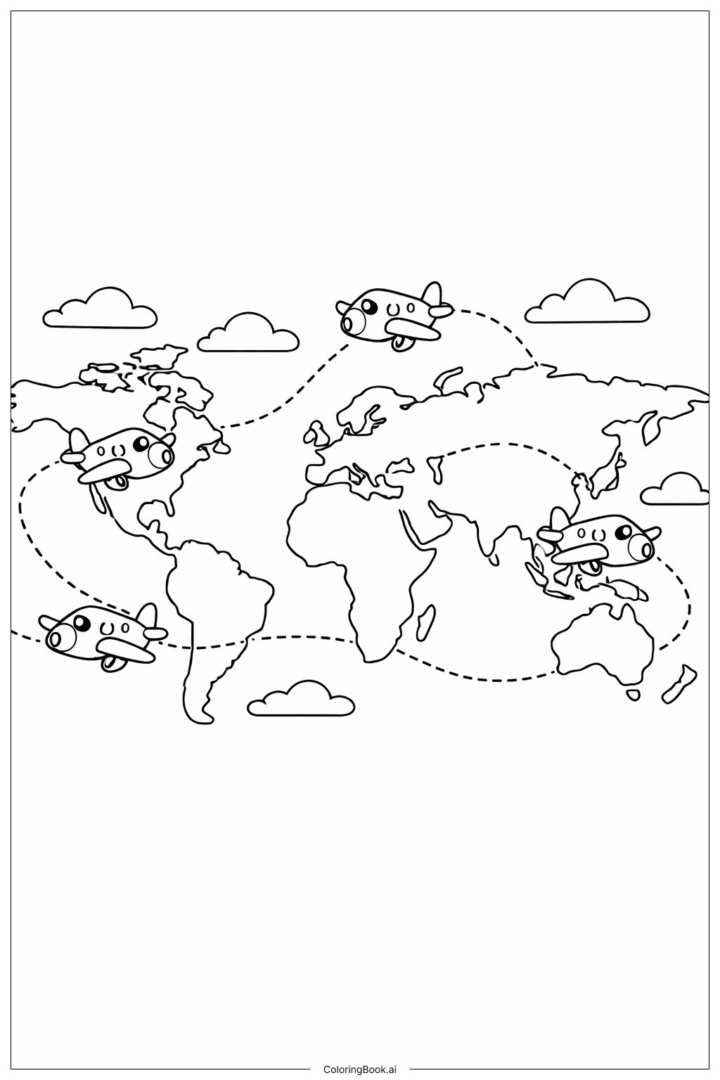 만화 비행기가 있는 세계지도 색칠공부 페이지
