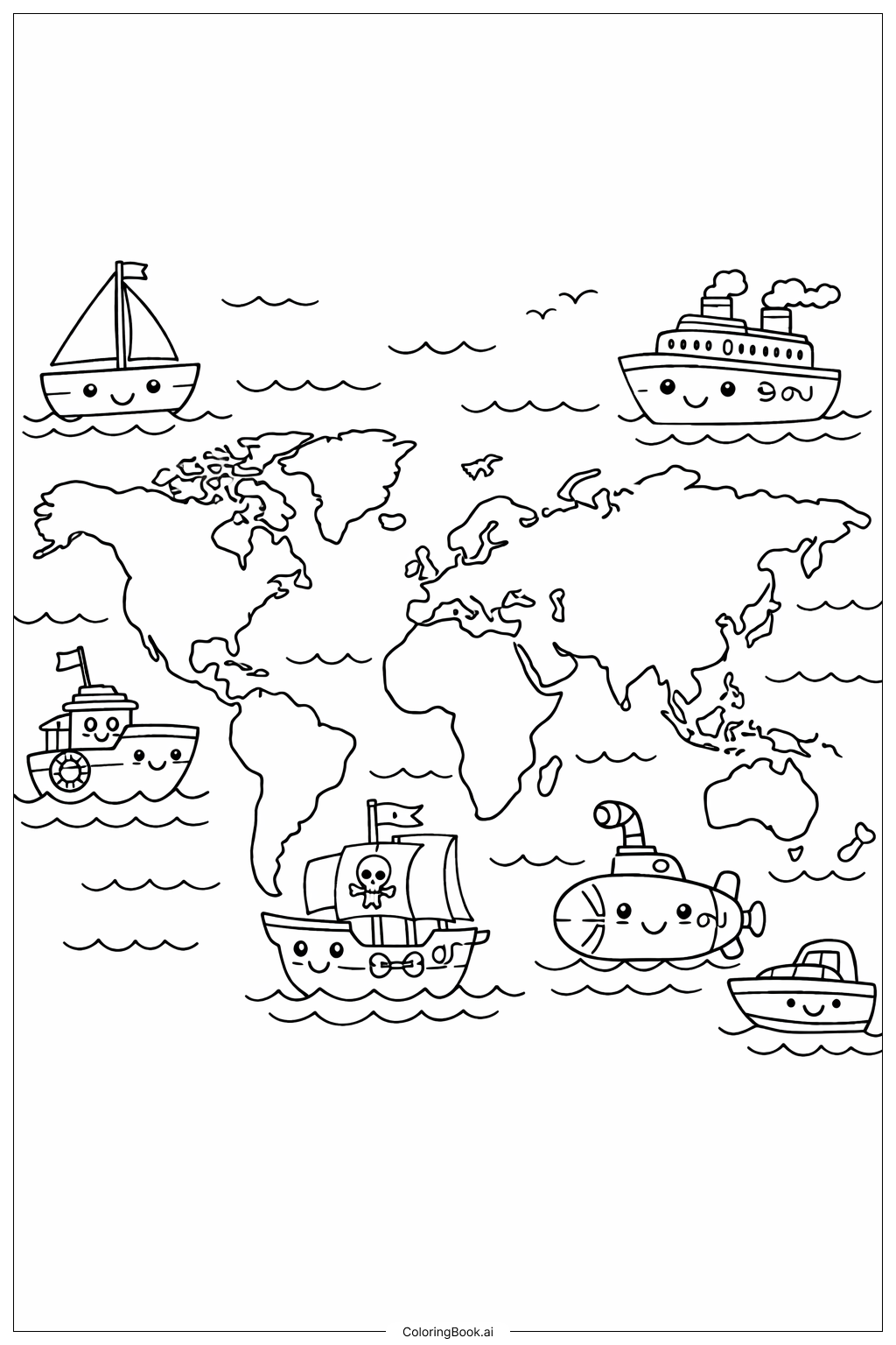 귀여운 배가 있는 세계 지도