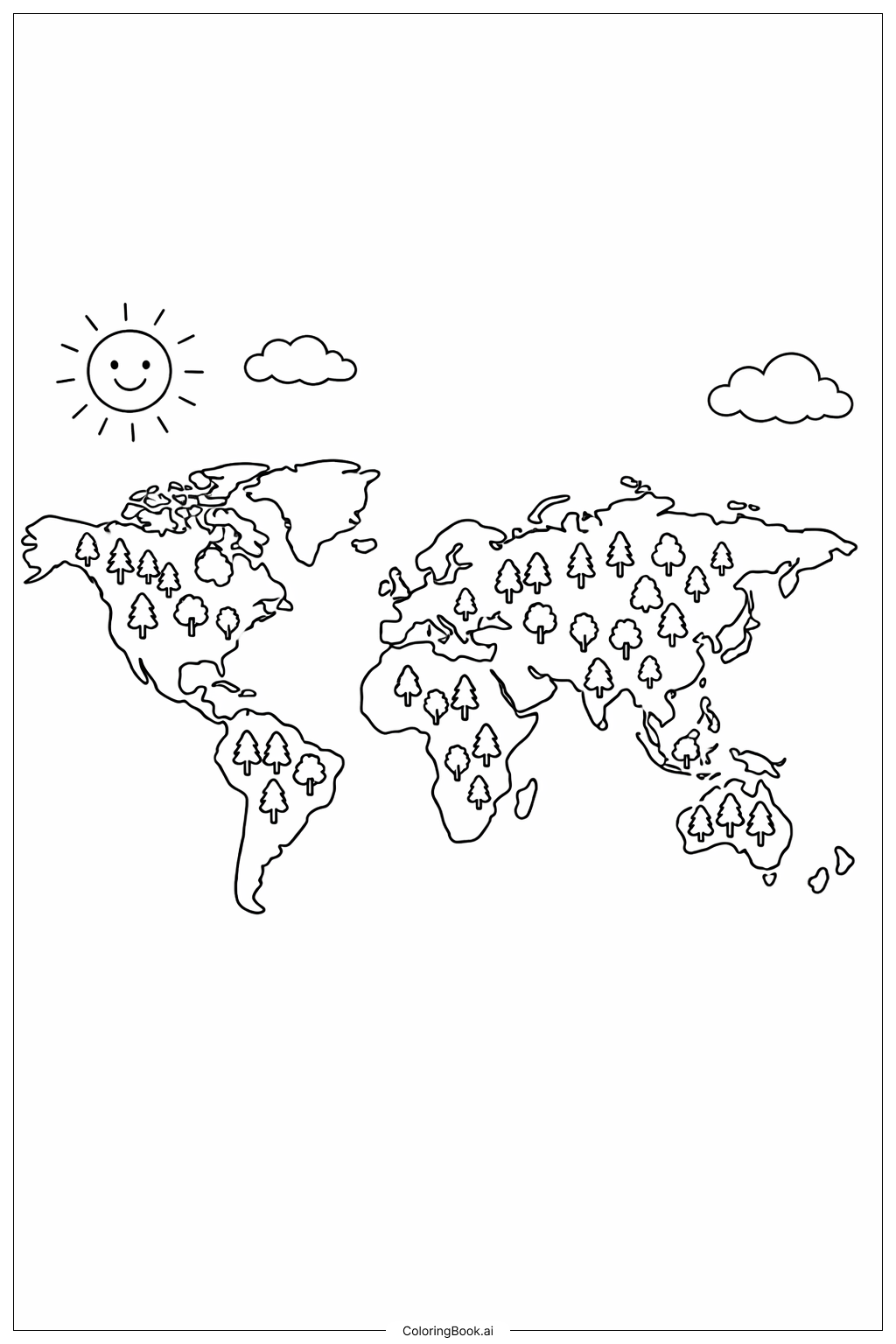 귀여운 나무가 있는 세계 지도 색칠공부 페이지