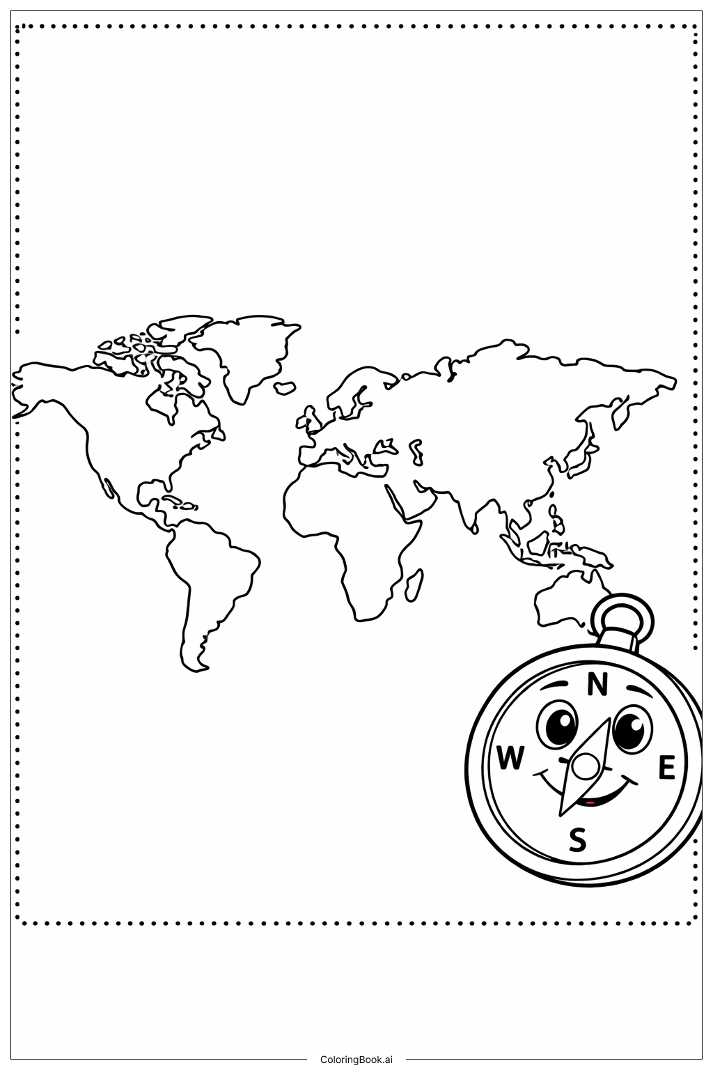 친근한 나침반이 있는 세계 지도 색칠공부 페이지