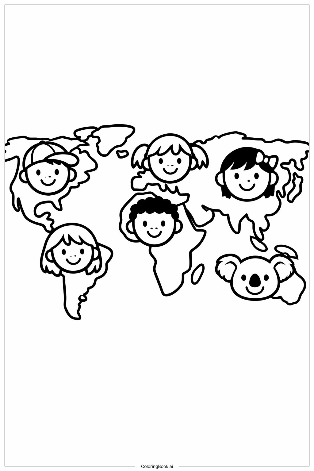 친근한 얼굴이 있는 세계 지도 색칠공부 페이지