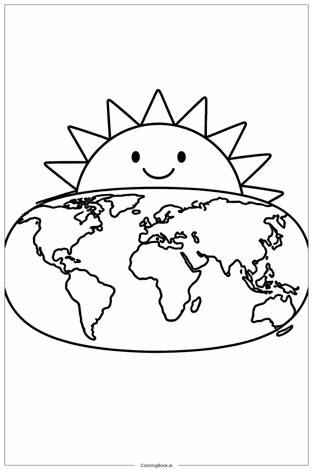 거대한 태양이 있는 세계 지도 색칠공부 페이지