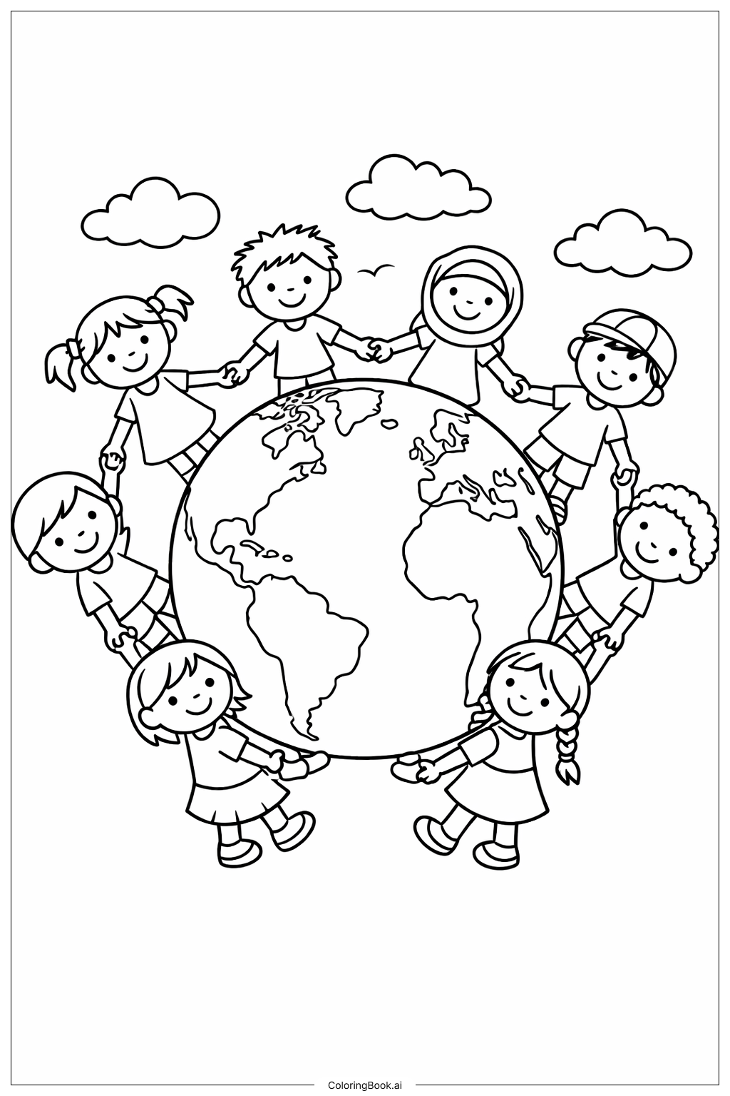 손잡고 있는 아이들과 세계 지도 색칠공부 페이지