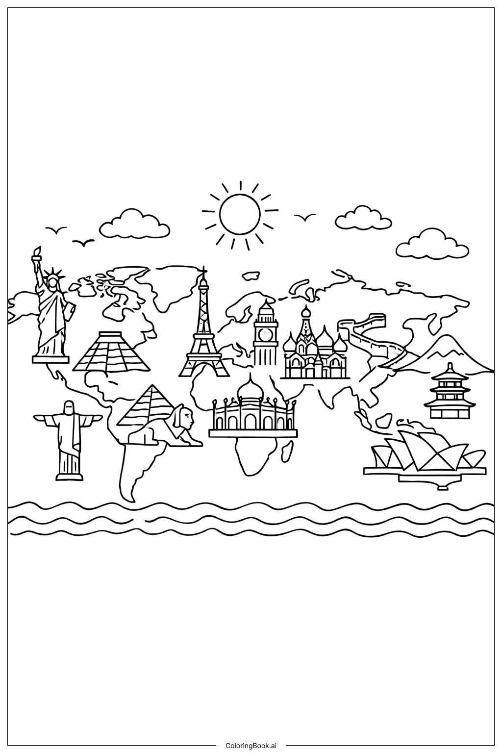 랜드마크가 있는 세계지도 색칠공부 페이지