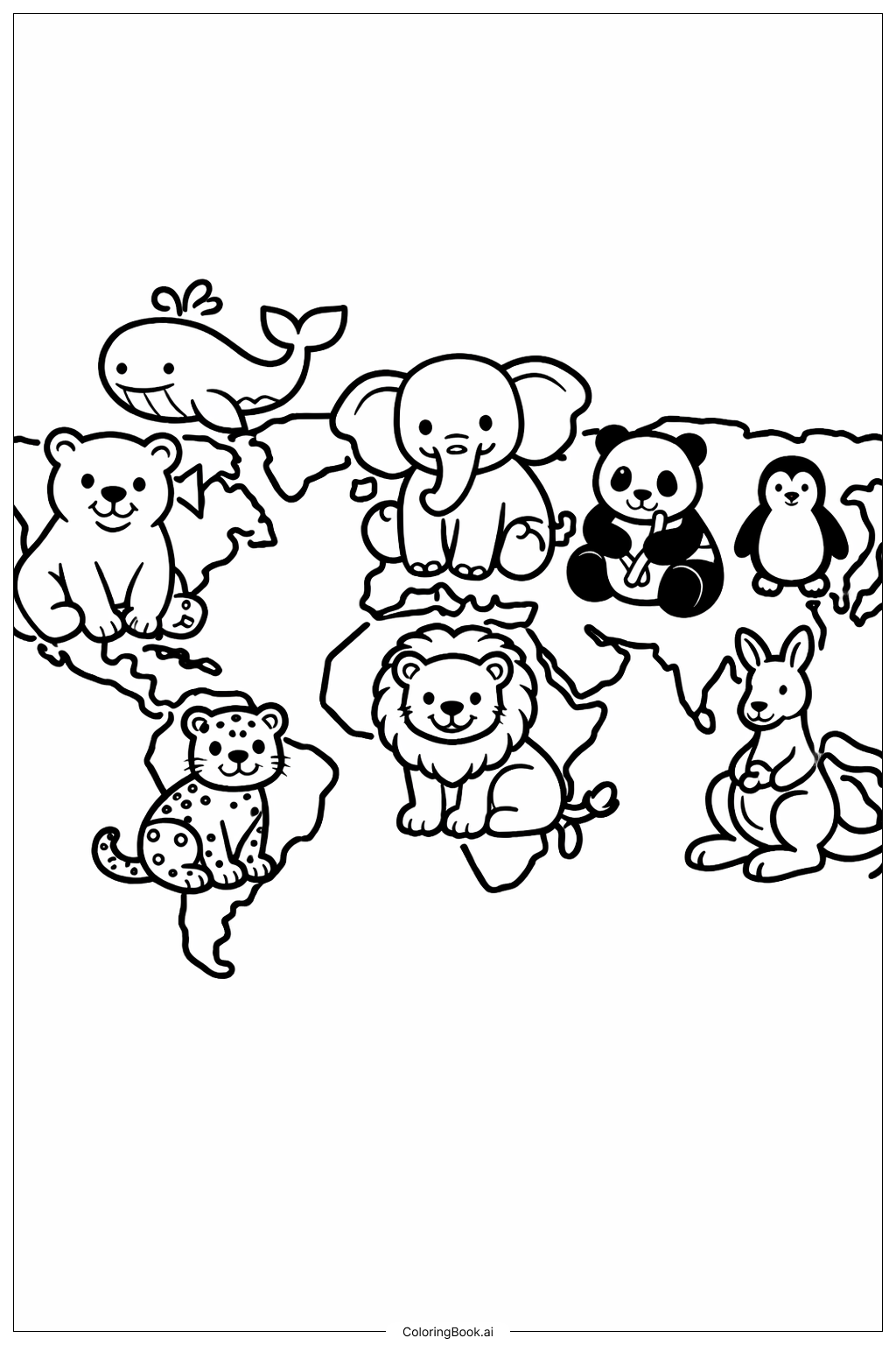 큰 동물이 있는 세계 지도 색칠공부 페이지