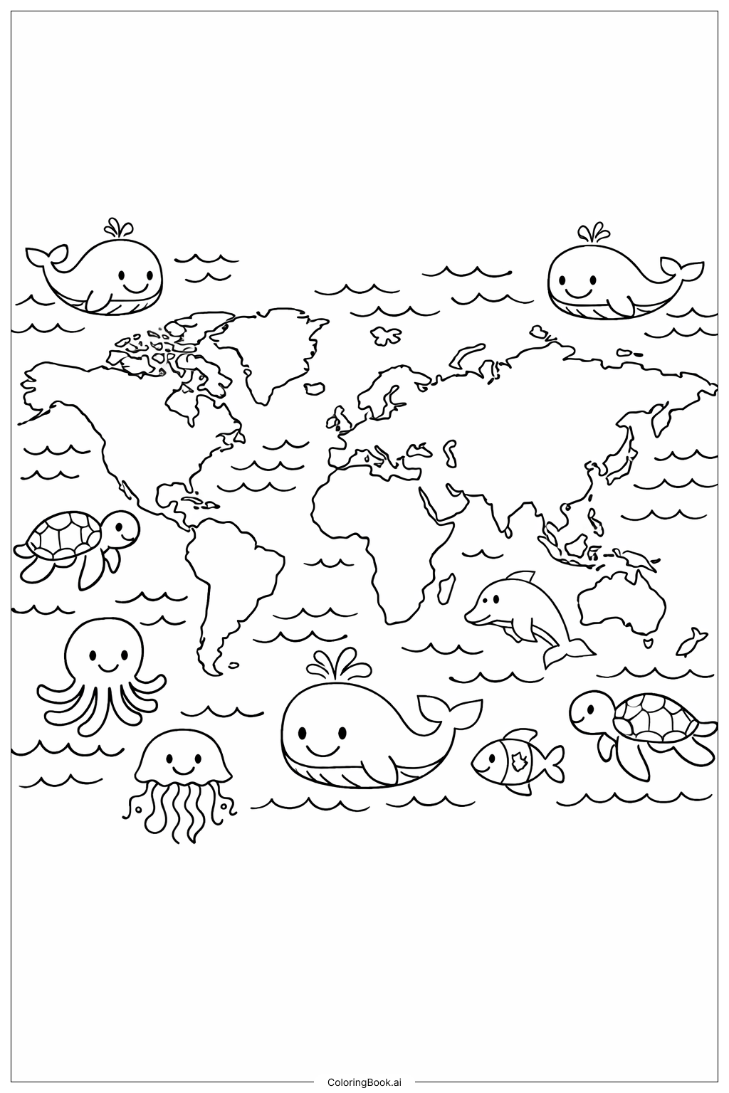 세계 지도와 바다 생물 색칠공부 페이지